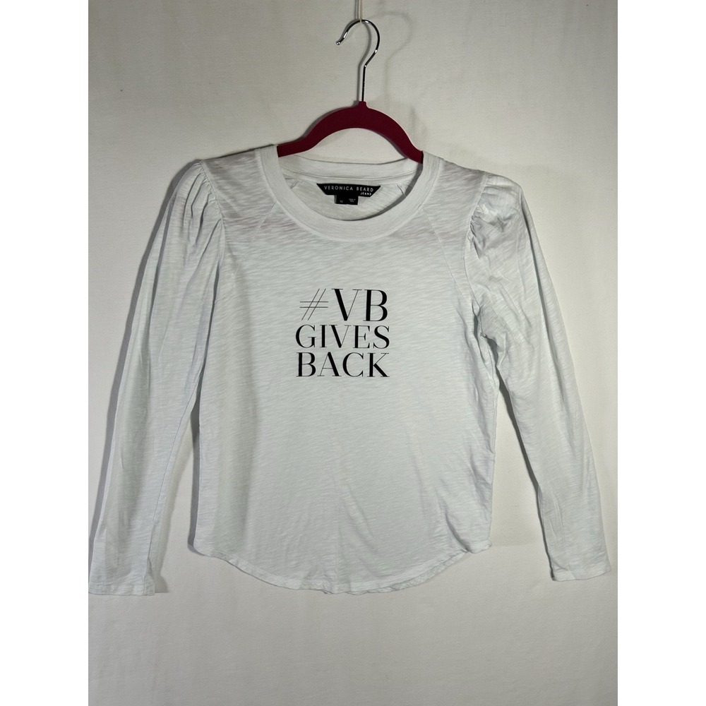 Veronica Beard Jeans White Puff Sleeve Long Sleeve Tee Shirt VB Gives Back XS